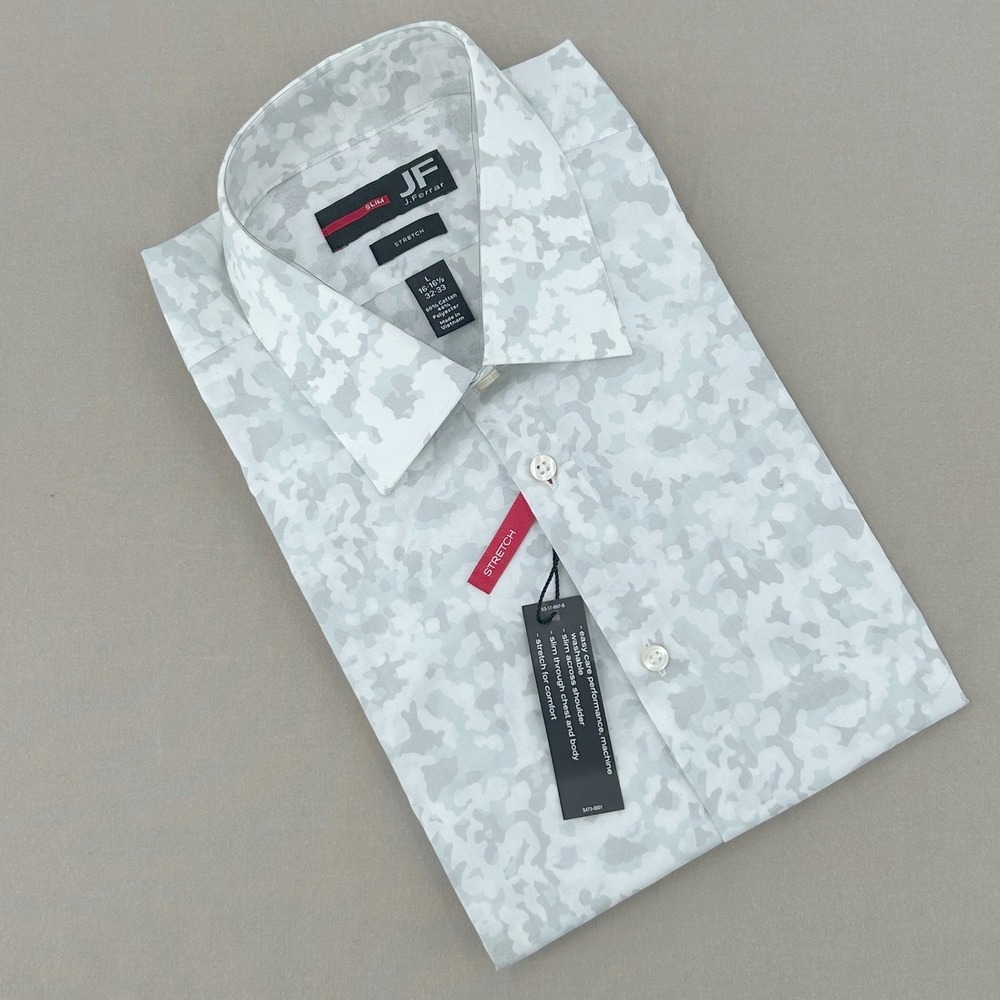 J.Ferrar Dress Shirt Mens L White Camo Stretch‎ Slim Fit Modern Streetwear NWT
